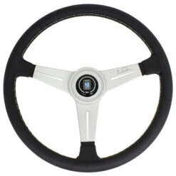 Nardi Classic ND34 Steering Wheel, Black Leather, Satin Spokes, Grey Stitching, 25 Mm Dish