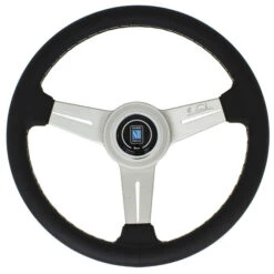 Nardi Classic ND33 Steering Wheel, Black Leather, Satin Spokes, Grey Stitching, 40 Mm Dish