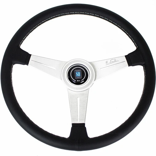 Nardi Classic ND39 Steering Wheel, Black Leather, Satin Spokes, Grey Stitching, 30 Mm Dish